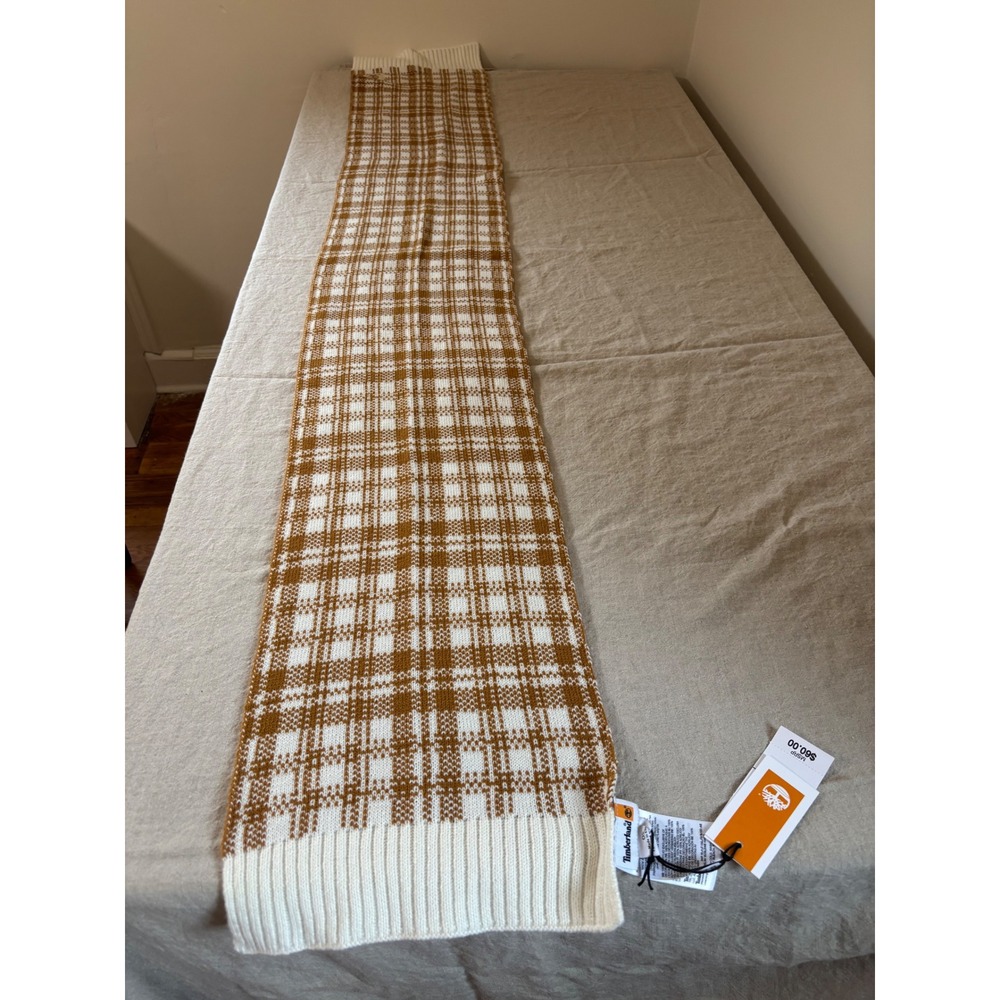 Timberland Wheat White Plaid Knit Scarf Long Winter Muffler NWT 66 Inch